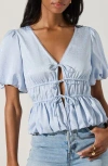 Astr The Label Floral Jacquard Tie Front Puff Sleeve Top In Sky Blue