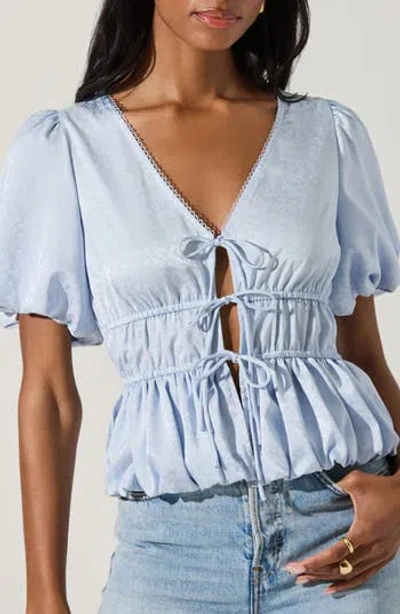 Astr The Label Floral Jacquard Tie Front Puff Sleeve Top In Sky Blue