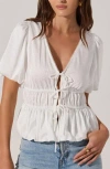 Astr The Label Floral Jacquard Tie Front Puff Sleeve Top In White