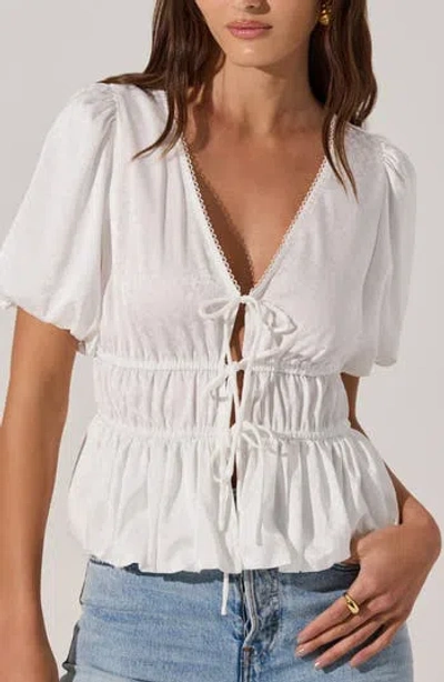 Astr The Label Floral Jacquard Tie Front Puff Sleeve Top In White