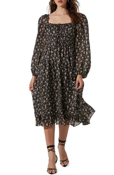 Astr The Label Floral Long Sleeve Midi Dress In Black
