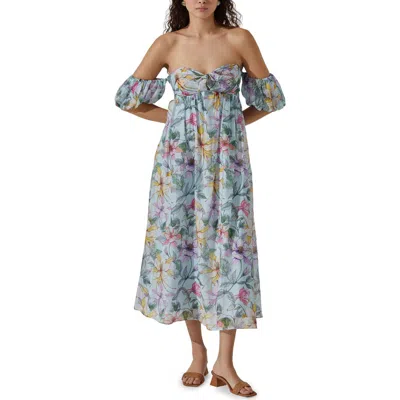 Astr The Label Floral Off The Shoulder Midi Dress In Blue Multi Tropical