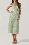 Astr The Label Floral Pleated Cold Shoulder Midi Dress In Blue Yellow Floral