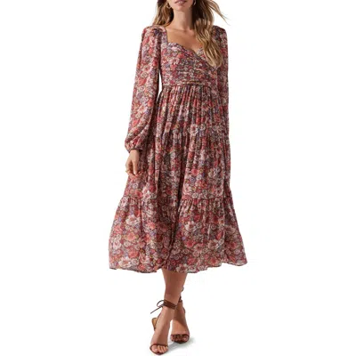 Astr Floral Pleated Long Sleeve Midi Dress In Rust Multi Floral