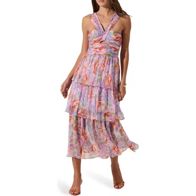 Astr The Label Floral Tiered Keyhole Dress In Purple Multi Floral