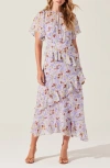 Astr The Label Floramae Floral Ruffle Detail Short Sleeve Midi Dress In Lavender Floral