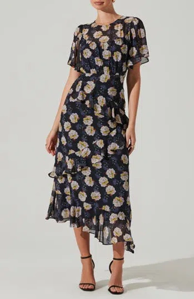 Astr The Label Floramae Floral Ruffle Detail Short Sleeve Midi Dress In Midnight Floral