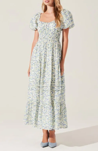 Astr The Label Florentina Floral Print Smocked Dress In Cream Blue Floral
