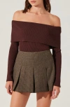 Astr The Label Foldover Off The Shoulder Rib Sweater In Chocolate Brown