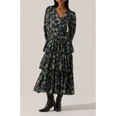 Astr The Label Franchesca Floral Long Sleeve Tiered Cotton Blend Dress In Black
