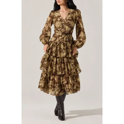 Astr The Label Franchesca Floral Long Sleeve Tiered Cotton Blend Dress In Brown