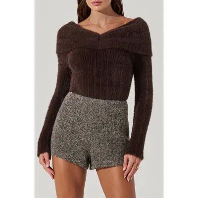 Astr The Label Fuzzy Off The Shoulder Sweater In Brown