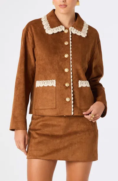 Astr The Label Gavriella Lace Trim Faux Suede Jacket In Brown