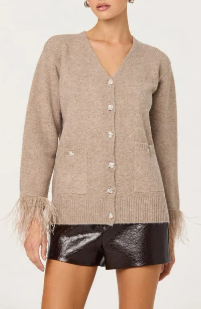 Astr The Label Grie Crystal Embellished & Feather Trim Cardigan In Brown