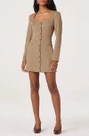 Astr The Label Houndstooth Long Sleeve Button-up Minidress In Brown