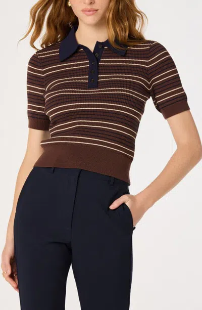 Astr The Label Iris Striped Short Sleeve Polo Sweater In Brown Navy Stripe