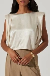 Astr The Label Isola Padded Shoulder Crinkled Satin Top In Cream