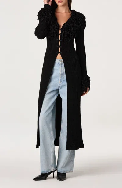 Astr The Label Jadwiga Fringe Tie Waist Cardigan In Black
