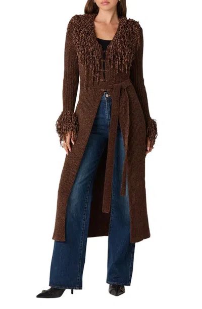 Astr The Label Jadwiga Fringe Tie Waist Cardigan In Brown