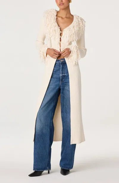 Astr The Label Jadwiga Fringe Tie Waist Cardigan In Cream