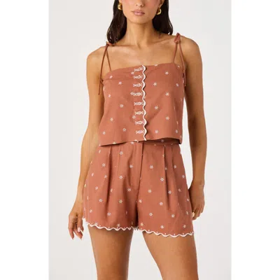 Astr The Label Justina Embroidered Linen Blend Crop Tank In Brown