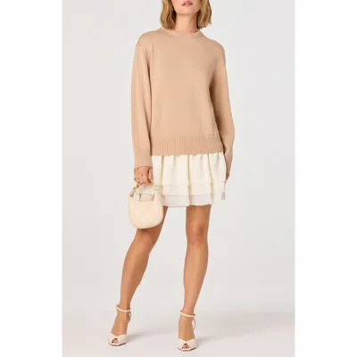 Astr The Label Kalyn Mixed Media Long Sleeve Minidress In Brown