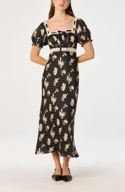 Astr The Label Kim Puffed Sleeve Lace Trimmed Midi Dress In Black