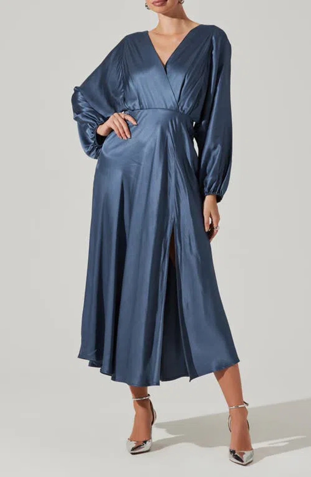 Astr The Label Kimiko Long Sleeve Faux Wrap Dress In Slate Blue | ModeSens