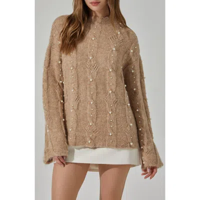 Astr The Label Kit Faux Pearl Cable Stitch Sweater In Taupe