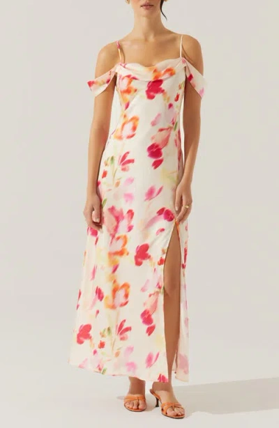 Astr The Label Kitura Abstact Print Cold Shoulder Dress In Pink Watercolor
