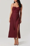 Astr Zola Shirred Satin Midi Dress In Wine
