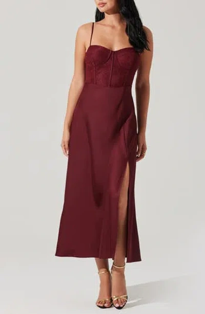 Astr Zola Shirred Satin Midi Dress In Wine