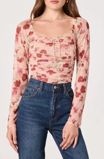 Astr The Label Lace Trim Long Sleeve Ruched Mesh Top In Pink