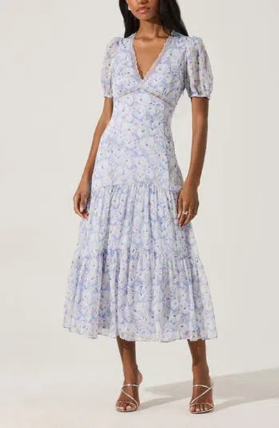 Astr The Label Lace Trim Tiered Dress In Light Blue Multi Floral