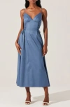 Astr The Label Lace-up Cotton Poplin Midi Dress In Stone Blue