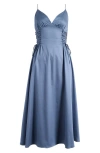 Astr The Label Lace-up Cotton Poplin Midi Dress In Stone Blue