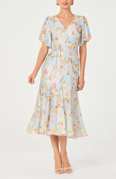 Astr The Label Lavena Floral Puff Sleeve Midi Dress In Blue