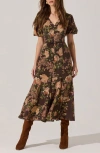 Astr The Label Lavena Floral Puff Sleeve Midi Dress In Brown