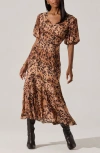 Astr The Label Lavena Leopard Puff Sleeve Midi Dress In Brown