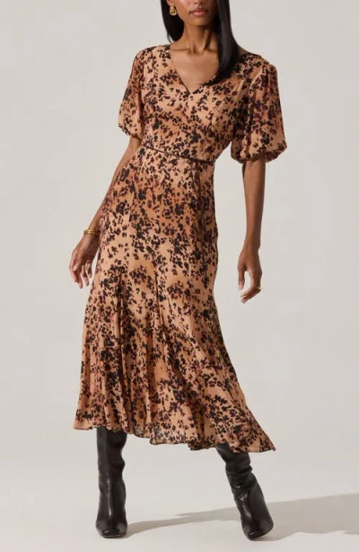 Astr The Label Lavena Leopard Puff Sleeve Midi Dress In Brown