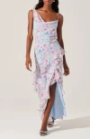 Astr Levina Asymmetric Floral Ruffle Dress In Blue Floral In Blue