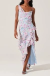 Astr Levina Asymmetric Floral Ruffle Dress In Blue Floral In Blue Floral