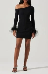 Astr The Label Liz Feather Trim Long Sleeve Rib Body-con Minidress In Black