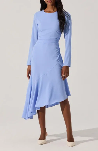 Astr The Label Long Sleeve Asymmetric Hem Midi Dress In Blue