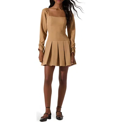 Astr The Label Long Sleeve Pleated Minidress In Tan