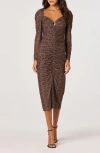 Astr The Label Long Sleeve Ruched Mesh Midi Dress In Burgundy