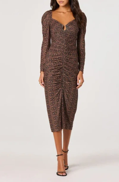 Astr The Label Long Sleeve Ruched Mesh Midi Dress In Burgundy