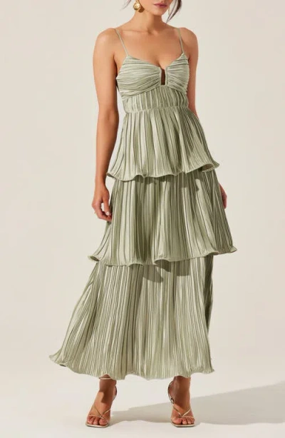 Astr Lupin Pleated Tiered Maxi Dress In Green