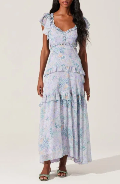 Astr The Label Mable Floral Tiered Cutout Chiffon Dress In Lilac Green Floral
