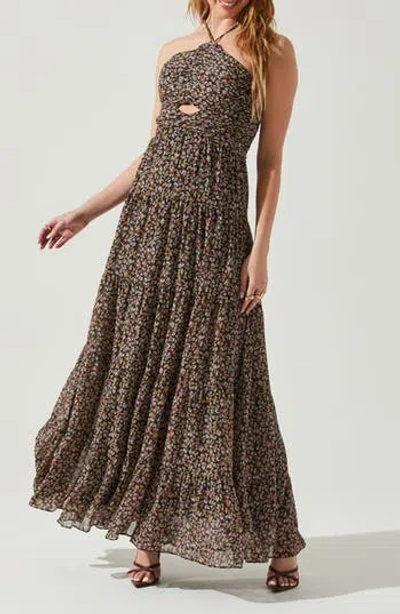 Astr The Label Madeline Tiered Cutout Maxi Dress In Black Brown Abstract